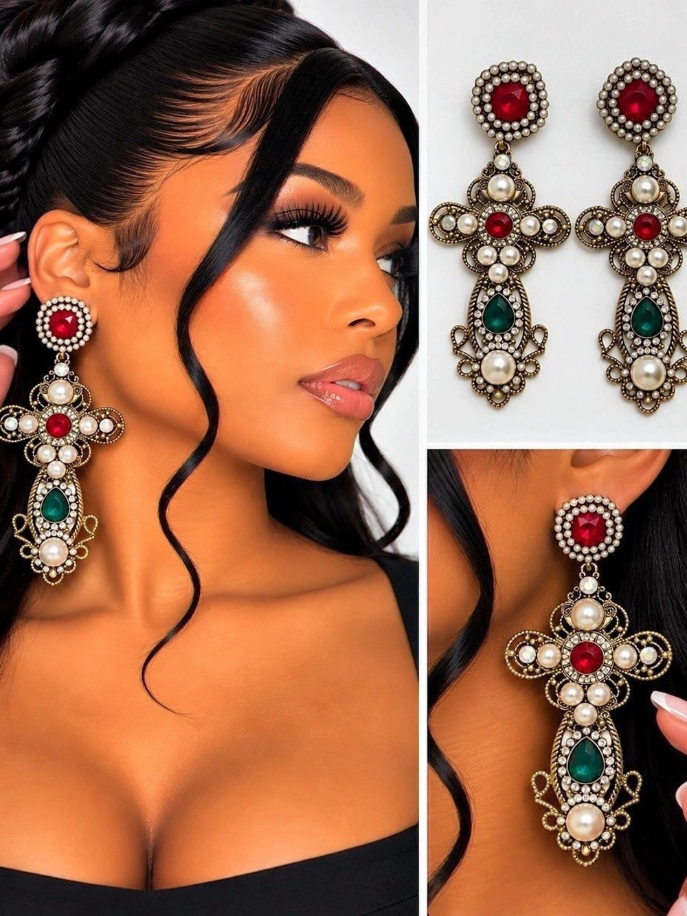 Red & Gold Drop Earrings Like New